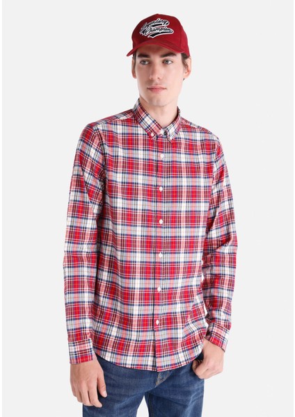 Slim Fit Shirt Neck Ekoseli Erkek Kirmizi Uzun Kol Gömlek