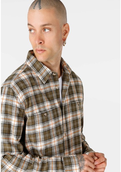 Regular Fit Shirt Neck Ekoseli Erkek Yeşil Uzun Kol Gömlek