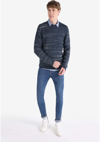 Regular Fit Yuvarlak Yaka Jakarlı Erkek Lacivert Kazak