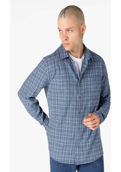 Slim Fit Kareli Mavi Erkek Uzun Kol Gömlek
