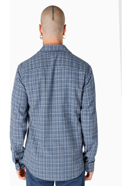 Slim Fit Kareli Mavi Erkek Uzun Kol Gömlek
