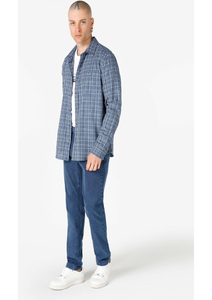 Slim Fit Kareli Mavi Erkek Uzun Kol Gömlek