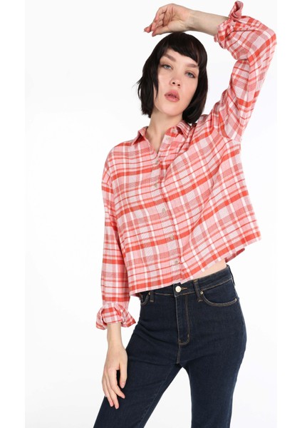 Regular Fit Shirt Neck Ekoseli Kadın Turuncu Uzun Kol Gömlek