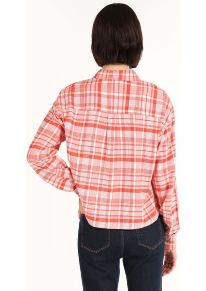 Regular Fit Shirt Neck Ekoseli Kadın Turuncu Uzun Kol Gömlek fiyatları