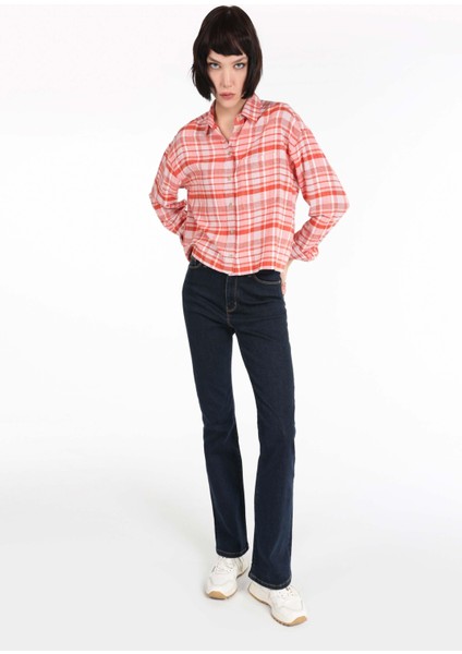 Regular Fit Shirt Neck Ekoseli Kadın Turuncu Uzun Kol Gömlek modelleri