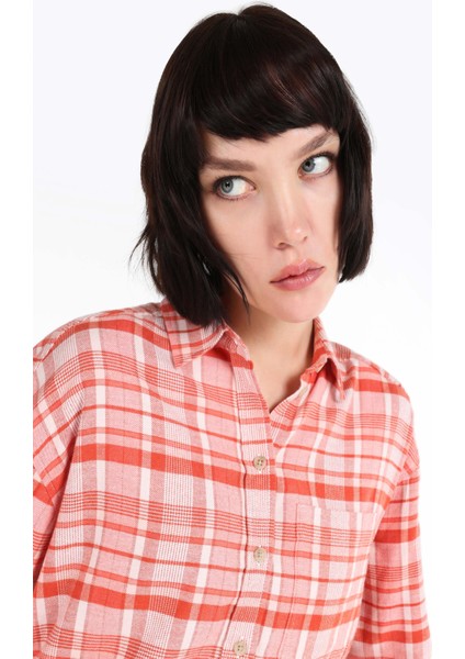 Regular Fit Shirt Neck Ekoseli Kadın Turuncu Uzun Kol Gömlek fırsatları