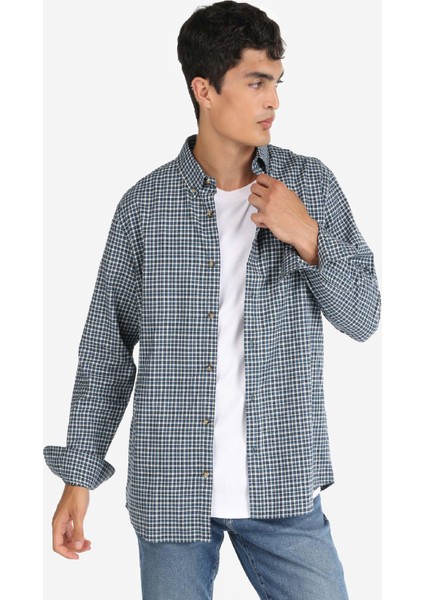 Regular Fit Shirt Neck Kareli Erkek Lacivert Uzun Kol Gömlek