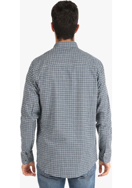 Regular Fit Shirt Neck Kareli Erkek Lacivert Uzun Kol Gömlek