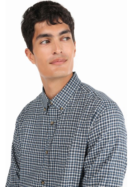 Regular Fit Shirt Neck Kareli Erkek Lacivert Uzun Kol Gömlek