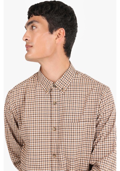 Regular Fit Shirt Neck Kareli Erkek Kahverengi Uzun Kol Gömlek