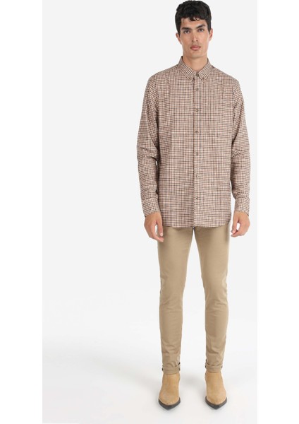 Regular Fit Shirt Neck Kareli Erkek Kahverengi Uzun Kol Gömlek modelleri