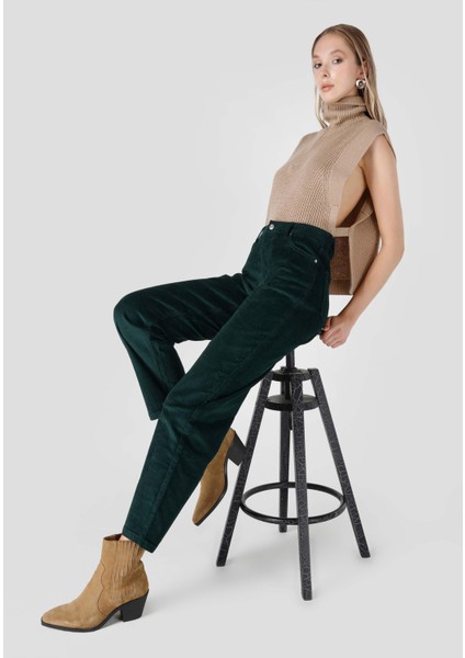 Regular Fit Yüksel Bel Geniş Paça Kadın Yeşil Pantolon
