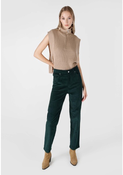 Regular Fit Yüksel Bel Geniş Paça Kadın Yeşil Pantolon