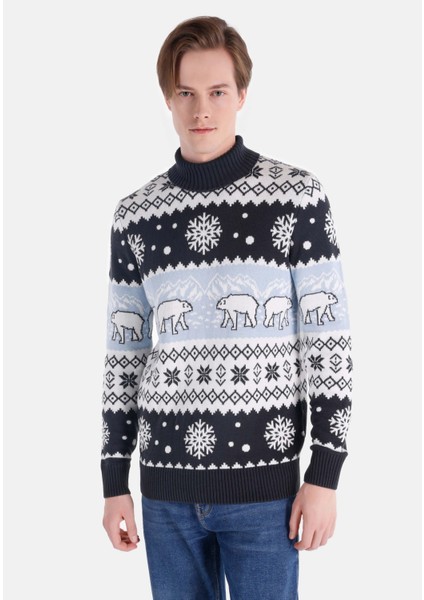 Regular Fit Turtle Neck Jakarlı Erkek Lacivert Kazak