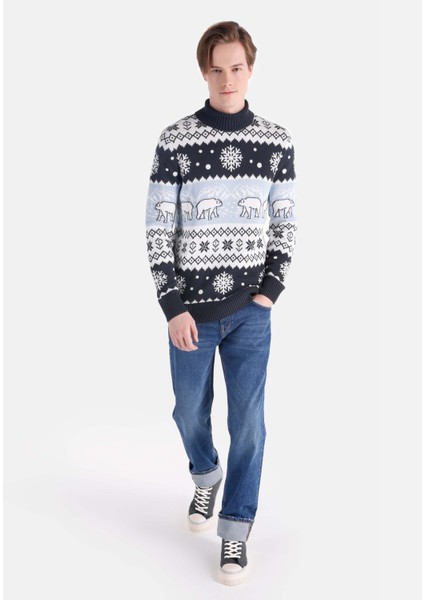 Regular Fit Turtle Neck Jakarlı Erkek Lacivert Kazak