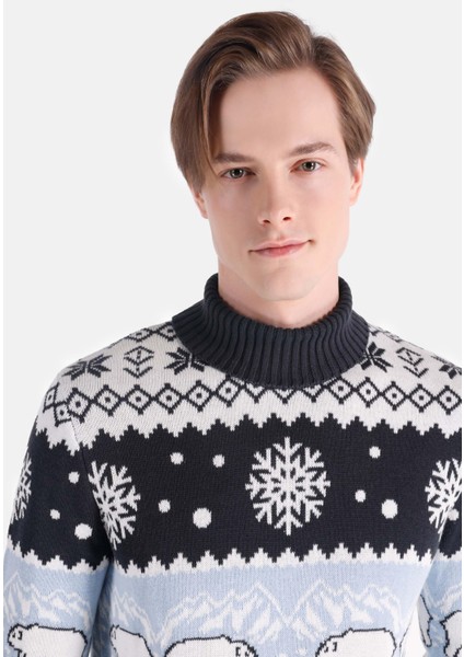 Regular Fit Turtle Neck Jakarlı Erkek Lacivert Kazak