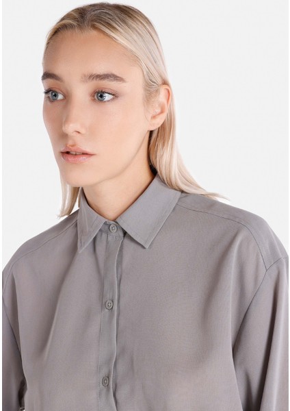 Regular Fit Shirt Neck Ekoseli Kadın Gri Uzun Kol Gömlek