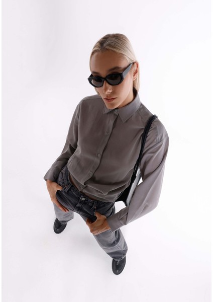 Regular Fit Shirt Neck Ekoseli Kadın Gri Uzun Kol Gömlek