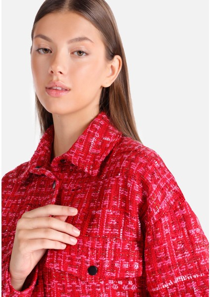 Regular Fit Shirt Neck Düz Kadın Kirmizi Uzun Kol Gömlek