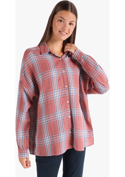 Relaxed Fit Shirt Neck Ekoseli Kadın Turuncu Uzun Kol Gömlek