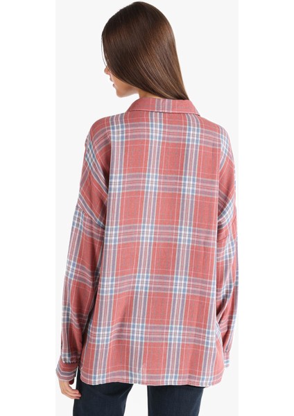 Relaxed Fit Shirt Neck Ekoseli Kadın Turuncu Uzun Kol Gömlek