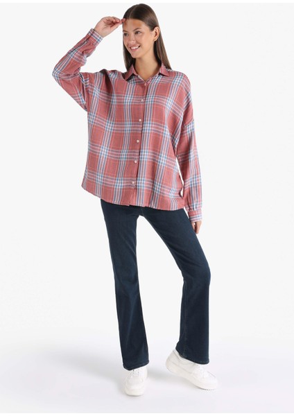 Relaxed Fit Shirt Neck Ekoseli Kadın Turuncu Uzun Kol Gömlek