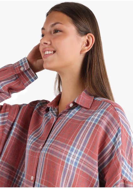 Relaxed Fit Shirt Neck Ekoseli Kadın Turuncu Uzun Kol Gömlek