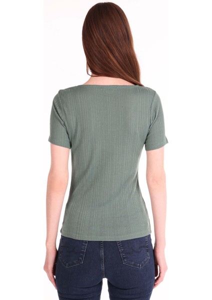 Slim Fit V Yaka Kadın Yeşil Kısa Kol Tişört