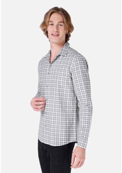 Slim Fit Shirt Neck Ekoseli Erkek Gri Uzun Kol Gömlek Cl1067421