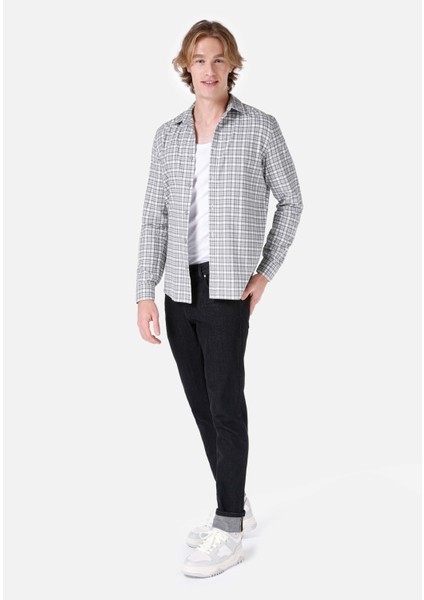 Slim Fit Shirt Neck Ekoseli Erkek Gri Uzun Kol Gömlek Cl1067421 modelleri