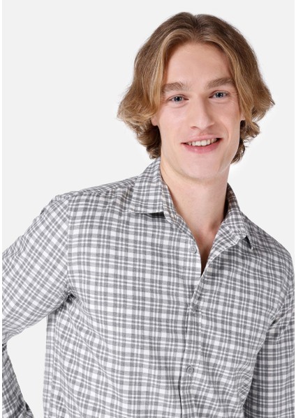 Slim Fit Shirt Neck Ekoseli Erkek Gri Uzun Kol Gömlek Cl1067421 fırsatları