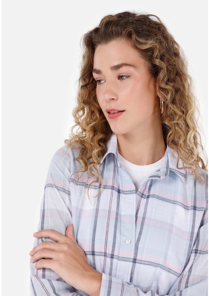 Regular Fit Shirt Neck Kadın Mavi Uzun Kol Gömlek Cl1068243