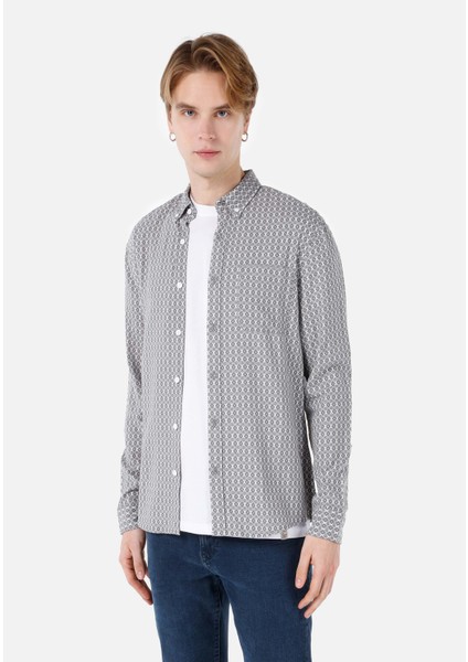 Slim Fit Shirt Neck Baskılı Erkek Gri Uzun Kol Gömlek Cl1068168