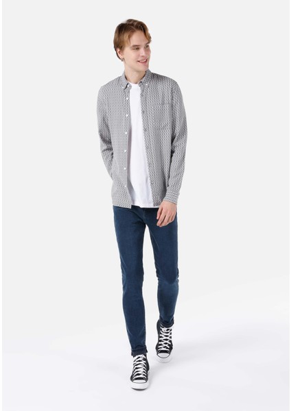 Slim Fit Shirt Neck Baskılı Erkek Gri Uzun Kol Gömlek Cl1068168 modelleri