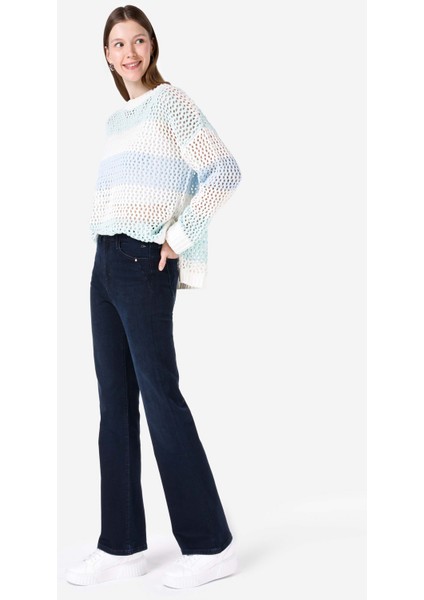 Regular Fit Orta Bel Geniş Paça Mavi Kadın Pantolon