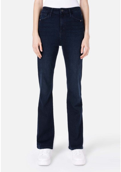 Regular Fit Orta Bel Geniş Paça Mavi Kadın Pantolon