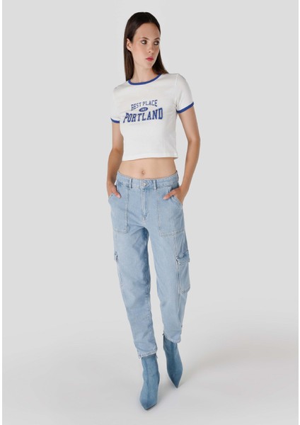 990 Angela Cargo Fit Orta Bel Daralan Paça Kadın Mavi Jean Pantolon