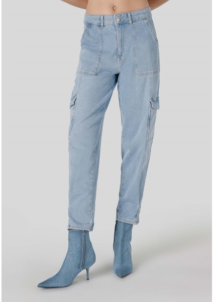 990 Angela Cargo Fit Orta Bel Daralan Paça Kadın Mavi Jean Pantolon