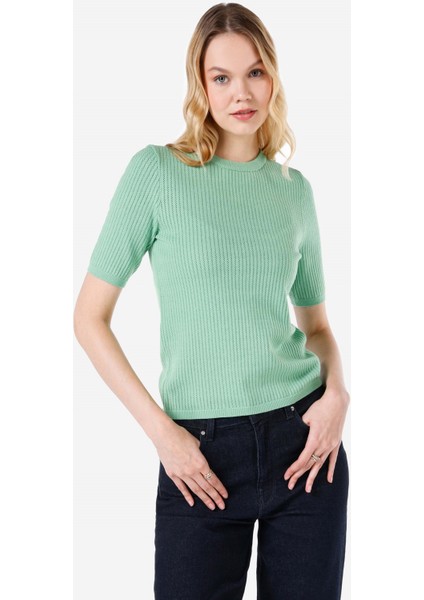 Slim Fit Bisiklet Yaka Yeşil Kadın Kazak