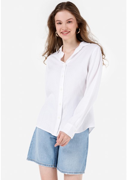 Regular Fit Shirt Neck Kadın Beyaz Uzun Kol Gömlek CL1067671