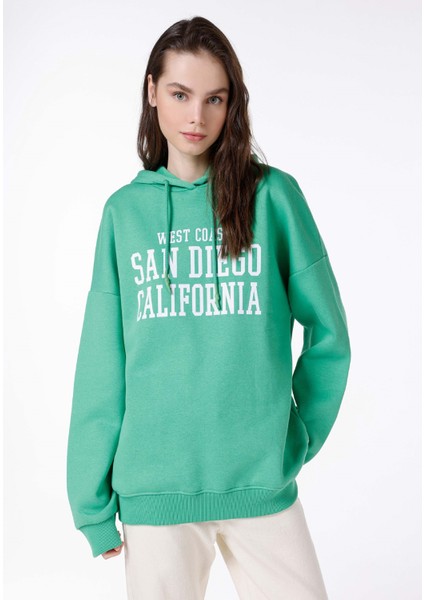 Regular Fit Baskılı Yeşil Kadın Sweatshirt
