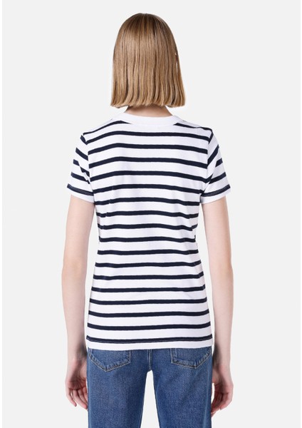 Slim Fit Yuvarlak Yaka Çizgili Kadın Lacivert Kısa Kol Tişört fiyatları