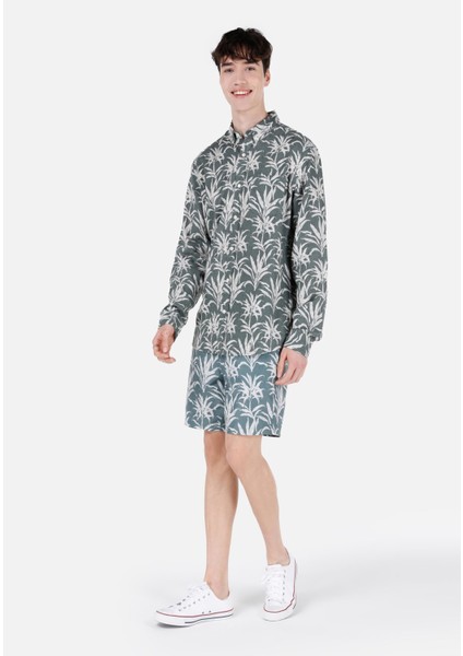 Regular Fit Shirt Neck Baskılı Erkek Yeşil Uzun Kol Gömlek Cl1067541