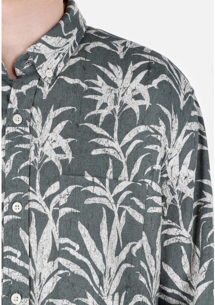 Regular Fit Shirt Neck Baskılı Erkek Yeşil Uzun Kol Gömlek Cl1067541