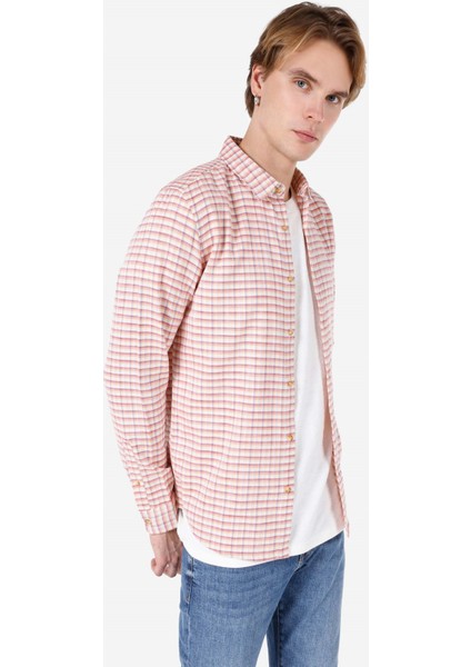 Slim Fit Shirt Neck Kareli Erkek Turuncu Uzun Kol Gömlek Cl1067571