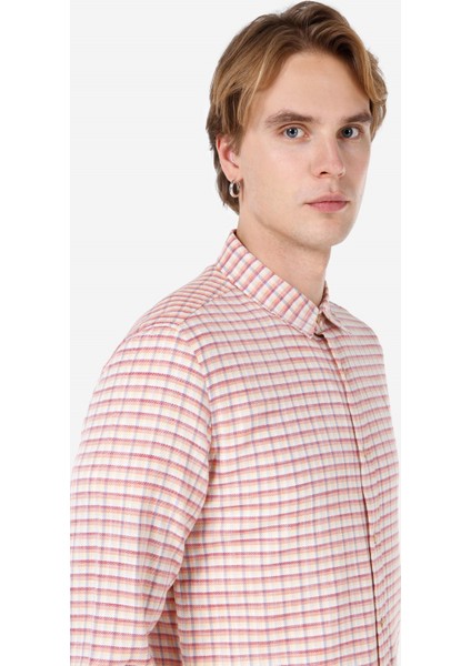 Slim Fit Shirt Neck Kareli Erkek Turuncu Uzun Kol Gömlek Cl1067571 fırsatları
