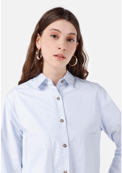 Regular Fit Shirt Neck Kadın Mavi Uzun Kol Gömlek Cl1068072