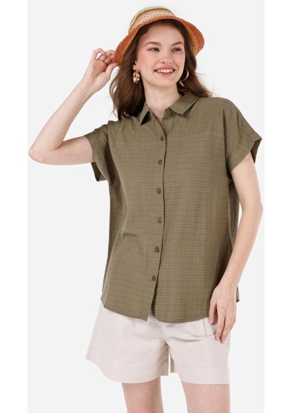 Regular Fit Shirt Neck Kadın Yeşil Kısa Kol Gömlek Cl1067882