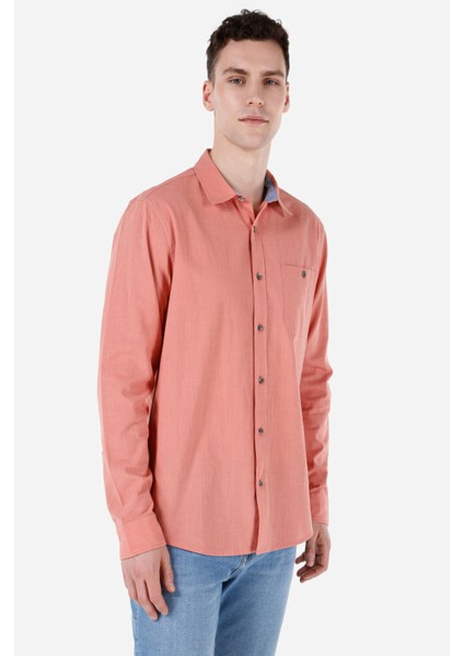 Regular Fit Shirt Neck Düz Erkek Kirmizi Uzun Kol Gömlek Cl1068392