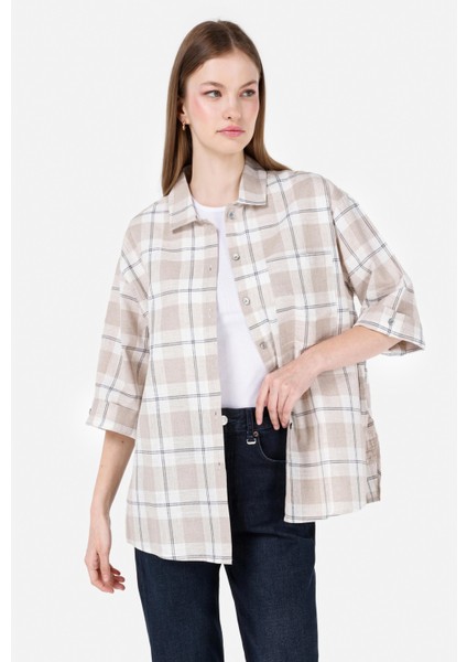 Relaxed Fit Shirt Neck Kadın Bej Roll-up Gömlek Cl1068245
